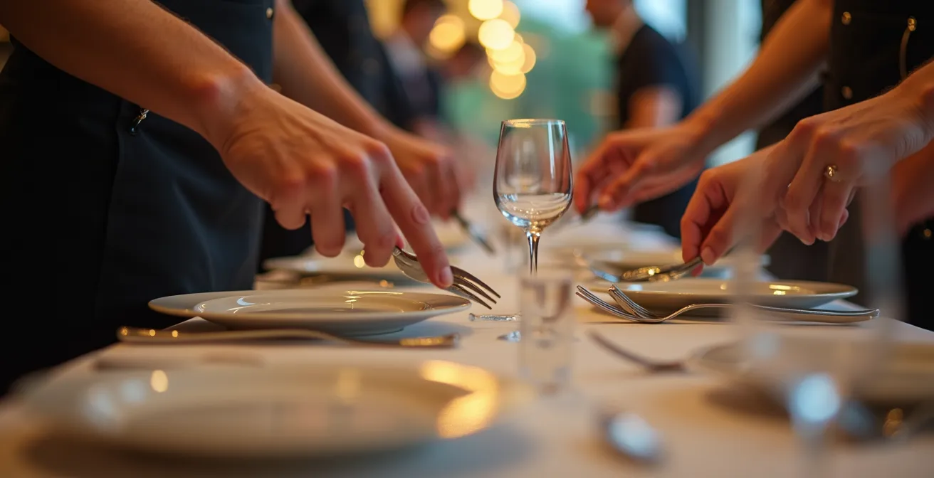 Mains d'une équipe de service coordonnée en action dans un restaurant