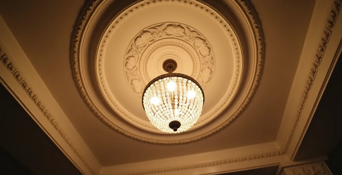 Détail architectural d'un plafond mouluré avec lustre en cristal dans un restaurant parisien historique