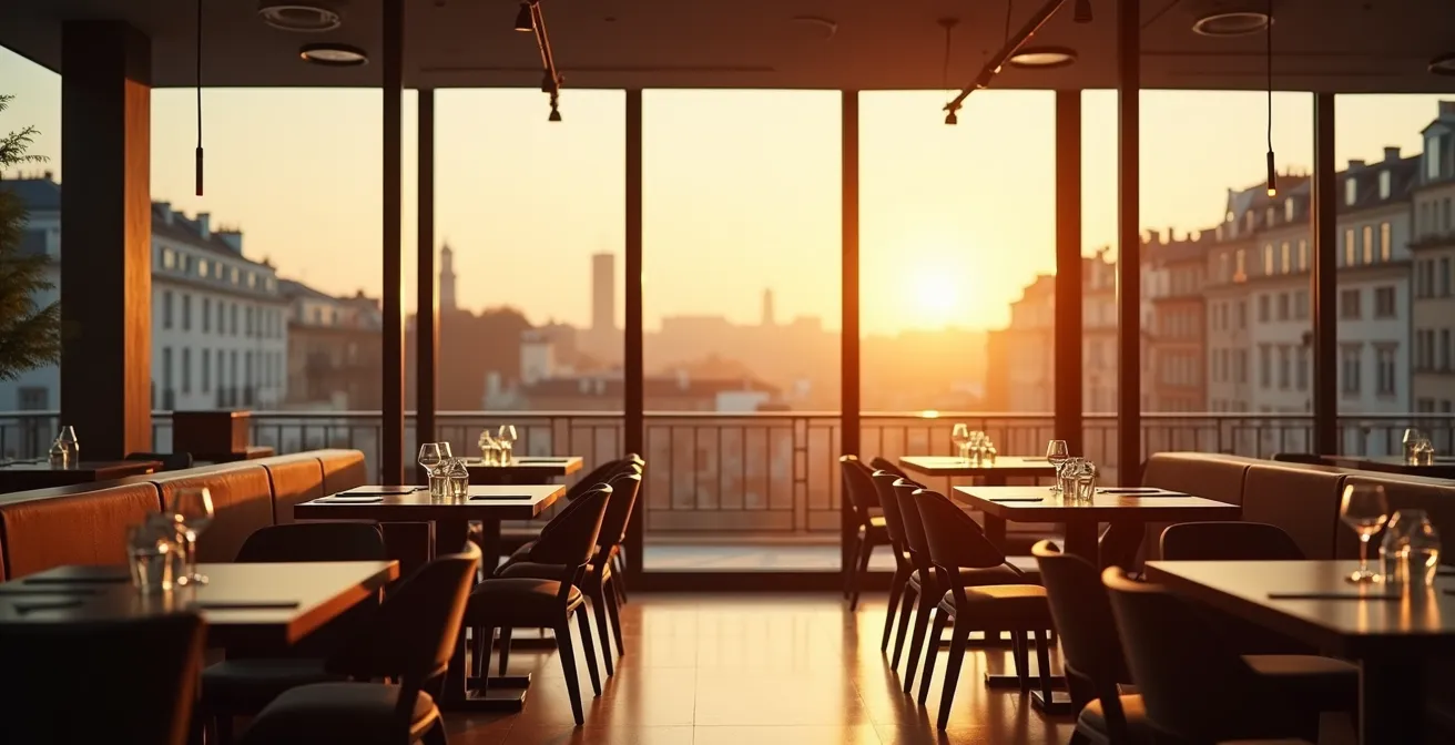 Vue large d'un espace de restaurant épuré avec grandes fenêtres donnant sur Paris