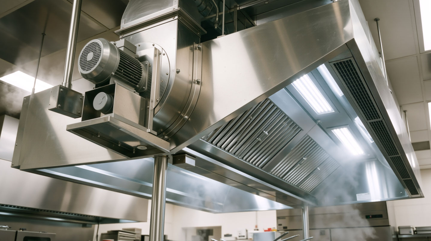 Composition abstraite avec formes fluides et dégradés de gris vers bleu évoquant la circulation invisible de l'air et le renouvellement atmosphérique en cuisine professionnelle