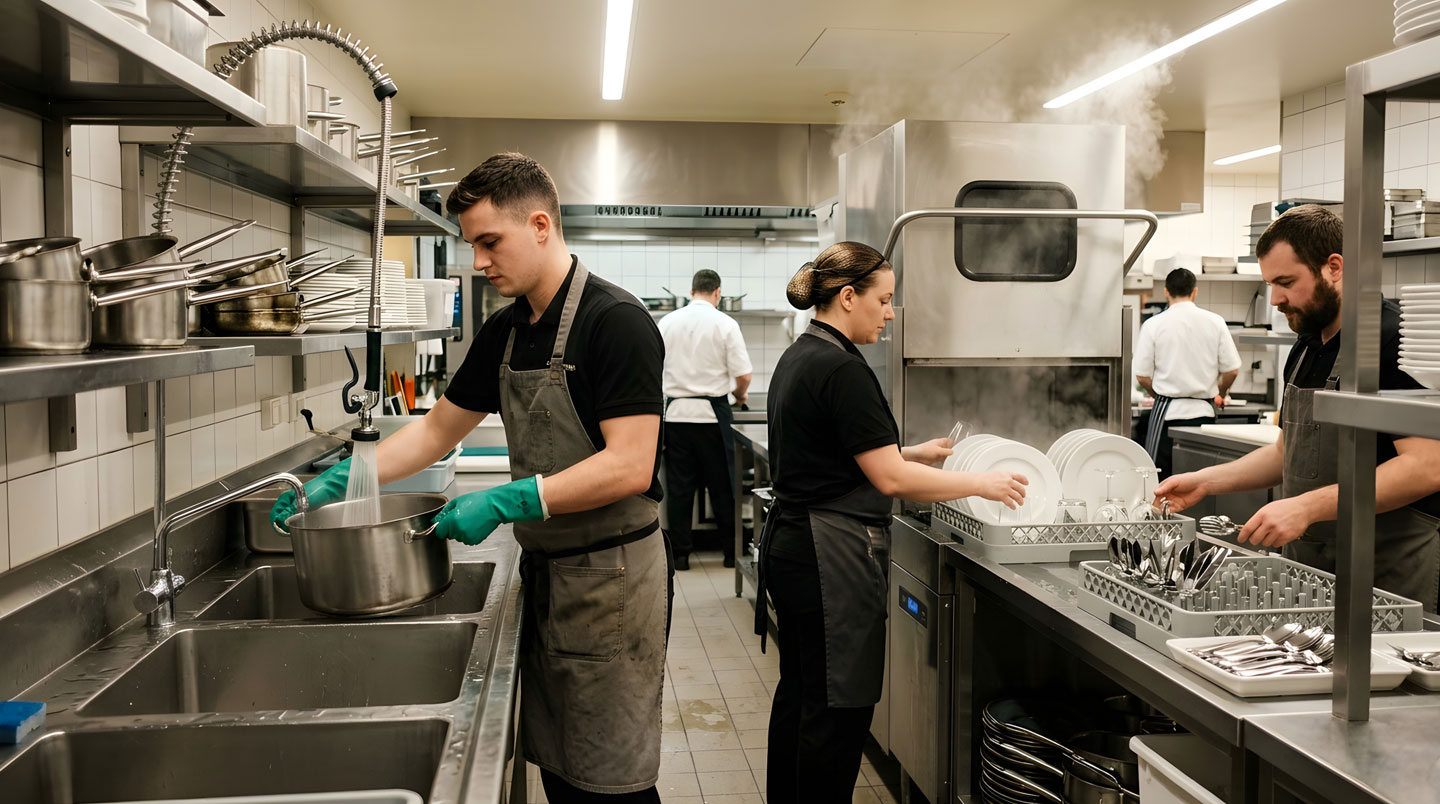 Gros plan photographique sur trois échantillons de matériaux pour cuisine professionnelle : plaque d'inox brossé, carreau de carrelage antidérapant et échantillon de résine, avec éclairage révélant les textures