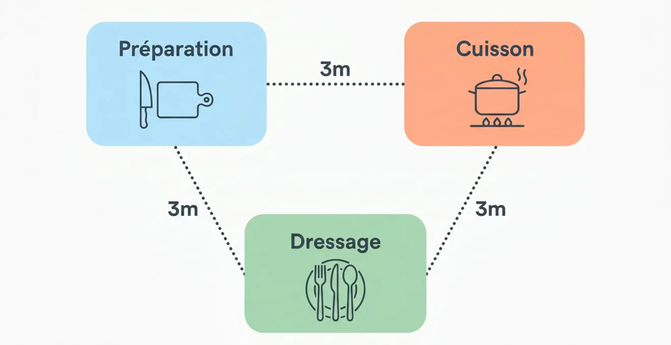 Schéma en vue de dessus montrant le triangle d'activité en cuisine professionnelle avec trois postes (préparation, cuisson, dressage) reliés par des lignes indiquant la distance optimale de 3 mètres