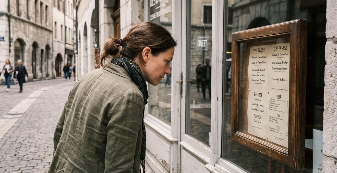 Cliente debout en train de consulter attentivement la carte d'un restaurant affichée en vitrine dans le vieil Annecy