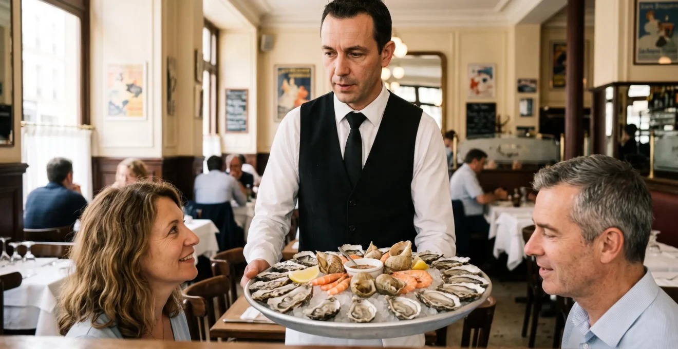 Serveur debout présentant un plateau de fruits de mer frais à des clients attablés dans une brasserie du vieil Annecy