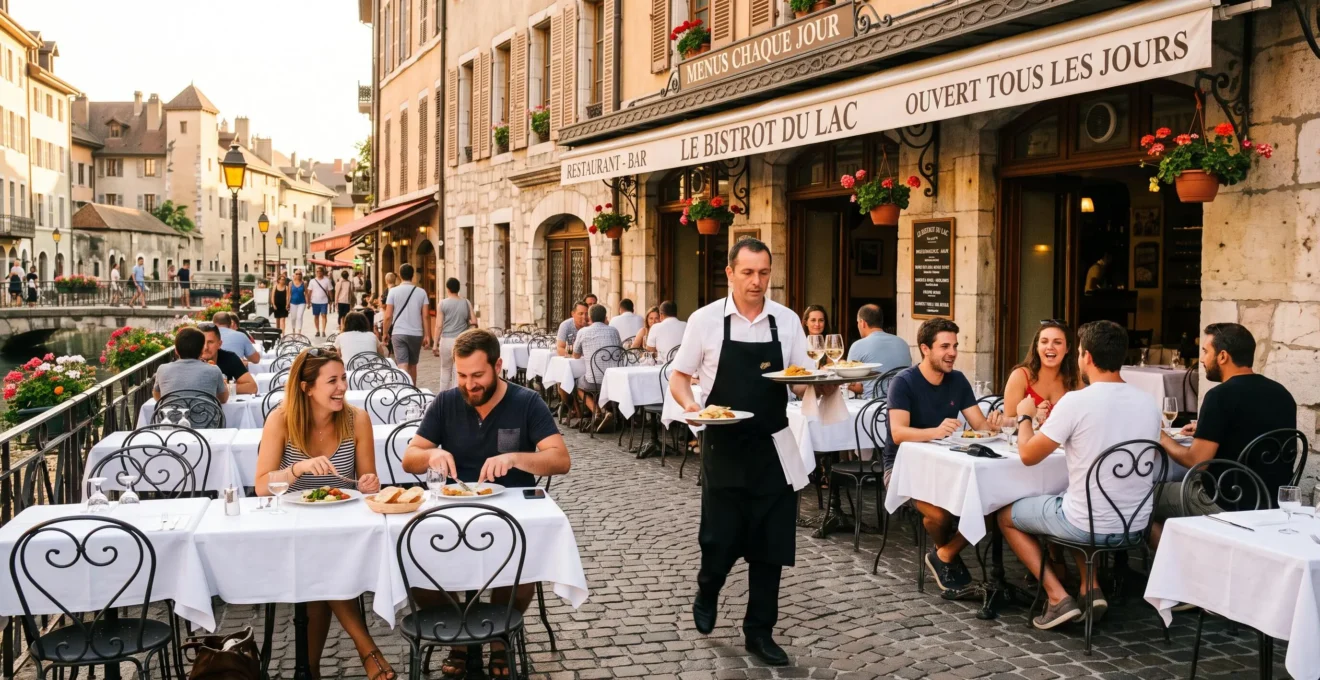Terrasse animée d'une brasserie traditionnelle française dans le vieil Annecy, avec clients attablés sous lumière dorée de fin d'après-midi, façade historique Belle Époque en arrière-plan