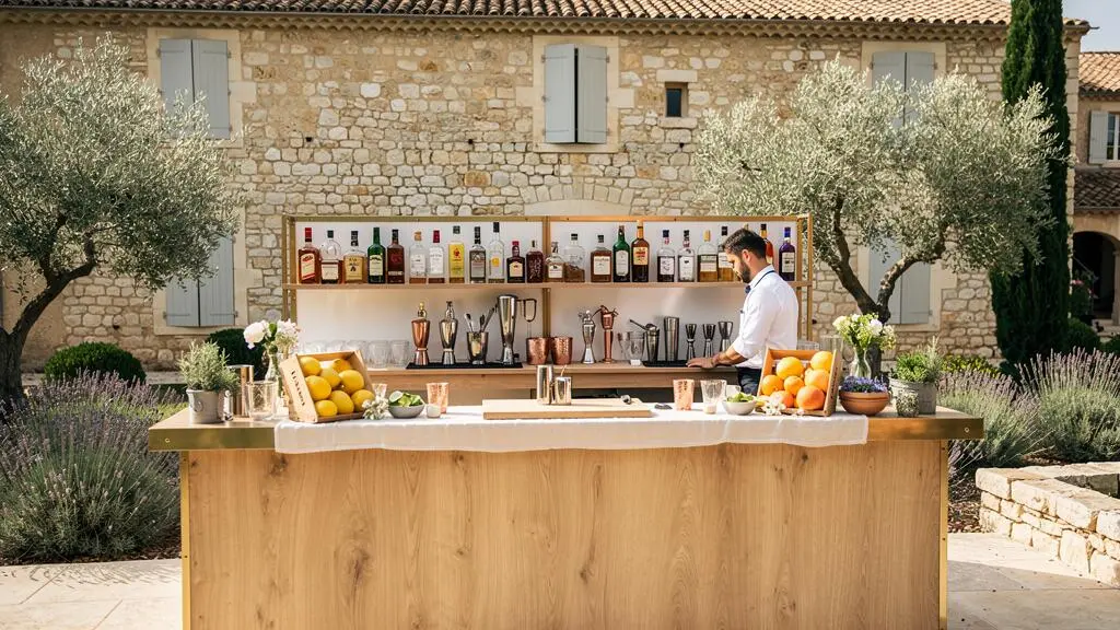 Bar à cocktails mobile professionnel installé dans le jardin d'une bastide provençale avec architecture en pierre et végétation méditerranéenne