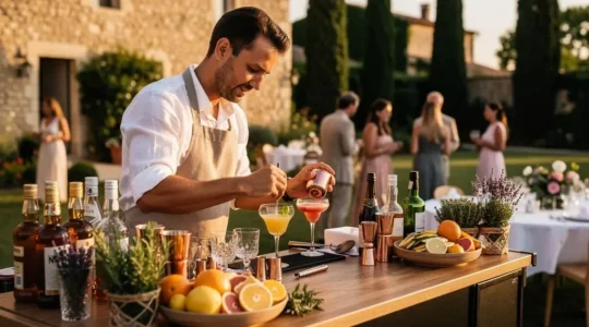 Mixologue professionnel préparant des cocktails derrière un bar mobile installé dans le jardin d'une bastide provençale lors d'un mariage