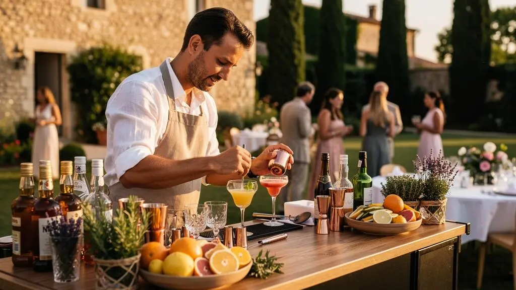 Mixologue professionnel préparant des cocktails derrière un bar mobile installé dans le jardin d'une bastide provençale lors d'un mariage