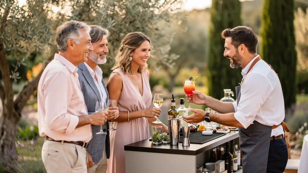 Mixologue présentant un cocktail signature à des invités élégamment habillés lors d'une réception de mariage en extérieur dans le Var